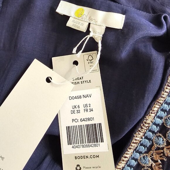 Boden Embroidered V-Neck Midi Dress, Navy, Long Sleeve, Feminine, Size 2 - Picture 5 of 10